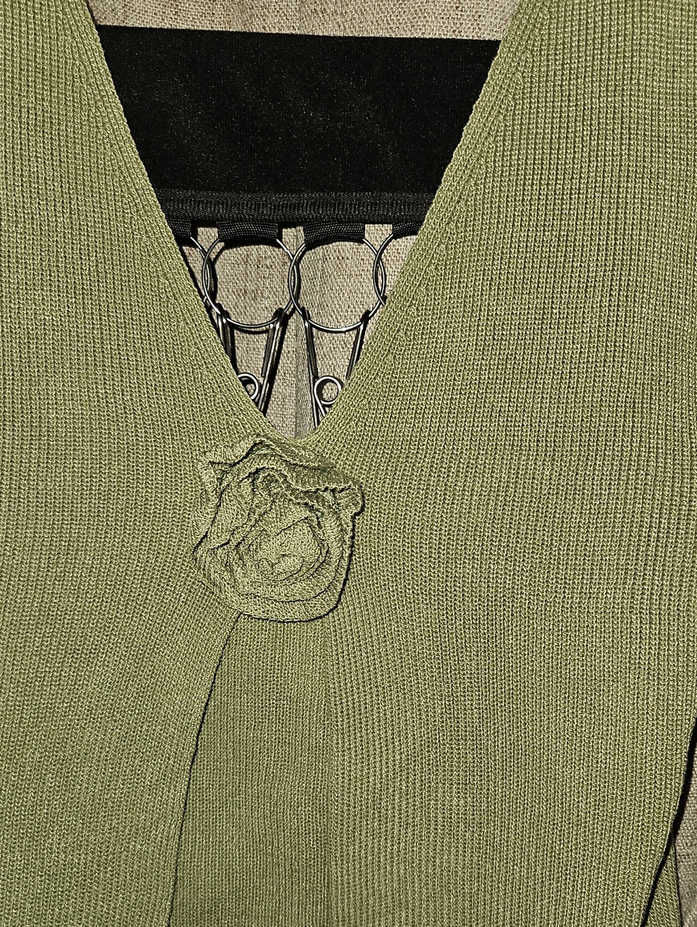 Olive Green Ribbed Halter V-Neck Tank with Flower Accent - Picture 3 of 5